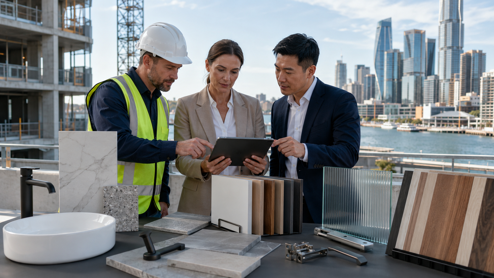 Building materials supplier consultation — reviewing product samples and specifications