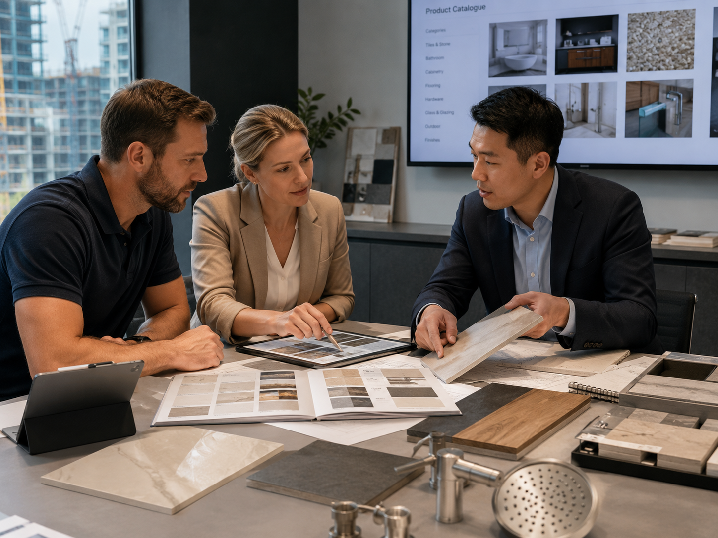 DNY Building Supply showroom — reviewing material samples and product options